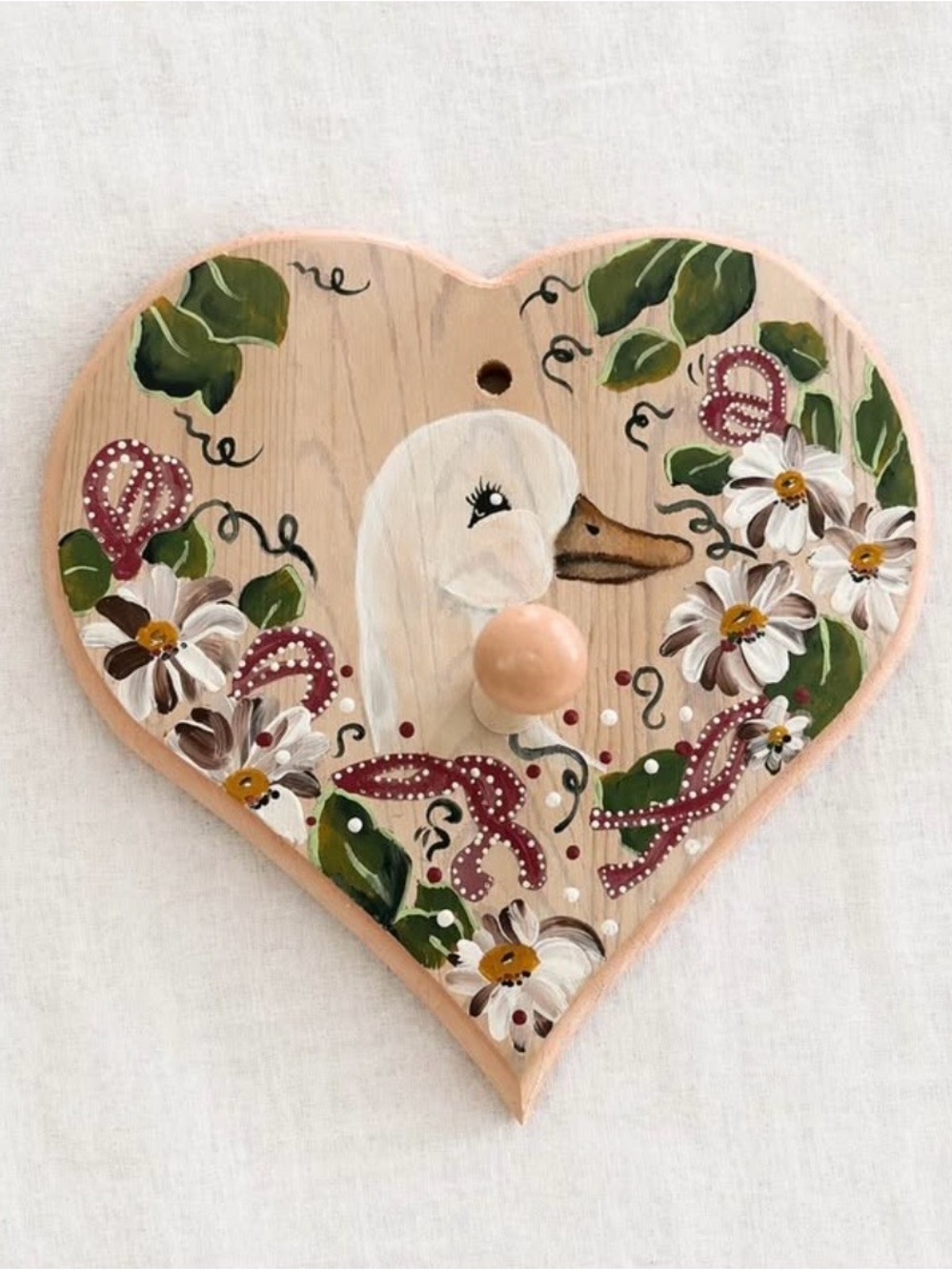 Hand-Painted Heart Wood Hook with Duck & Floral Motif - Peach, White, Green